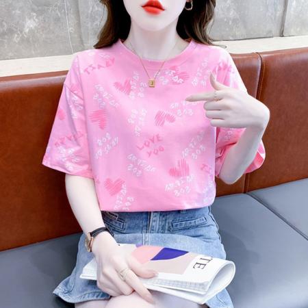 BY24128# 夏季新款圆领设计感小众印花短袖T恤女韩版洋气休闲宽松上衣 服裝批發女裝批發服飾貨源
