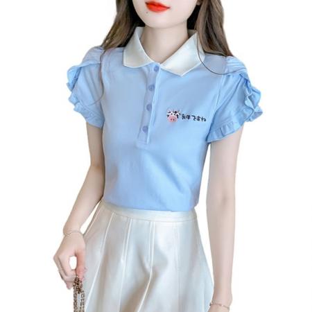 BY24133# polo领正肩设计感上衣女夏季韩版洋气学院甜美显瘦百搭短袖 服裝批發女裝批發服飾貨源