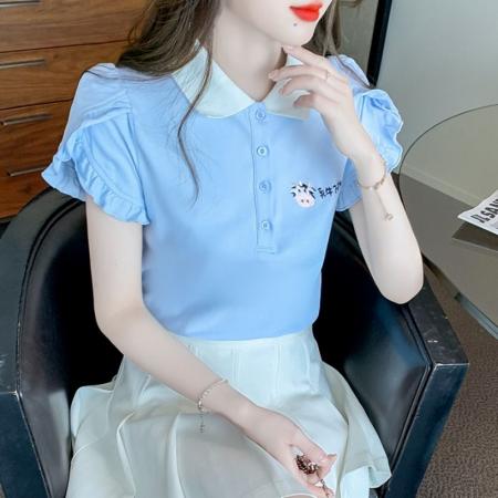 BY24133# polo领正肩设计感上衣女夏季韩版洋气学院甜美显瘦百搭短袖 服裝批發女裝批發服飾貨源