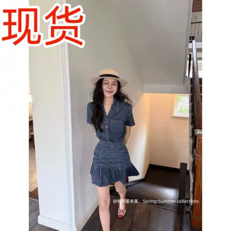 BY24140# 牛仔之夏清爽随性气质褶皱掐腰显瘦荷叶边牛仔连衣裙 服裝批發女裝批發服飾貨源
