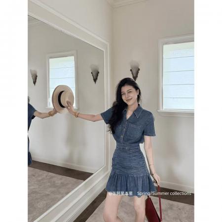 BY24140# 牛仔之夏清爽随性气质褶皱掐腰显瘦荷叶边牛仔连衣裙 服裝批發女裝批發服飾貨源