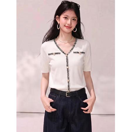 BY24155# 夏季款珍珠扣短袖T恤女气质冰丝针织衫上衣 服裝批發女裝批發服飾貨源