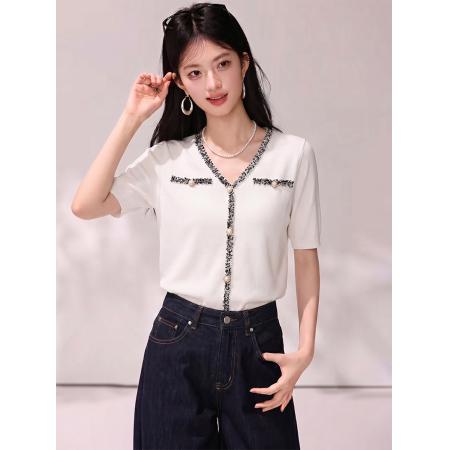 BY24155# 夏季款珍珠扣短袖T恤女气质冰丝针织衫上衣 服裝批發女裝批發服飾貨源