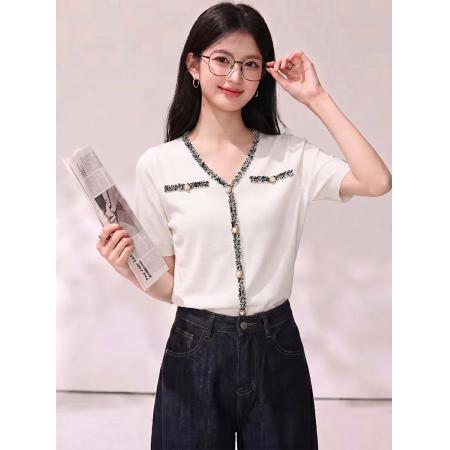BY24155# 夏季款珍珠扣短袖T恤女气质冰丝针织衫上衣 服裝批發女裝批發服飾貨源
