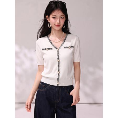 BY24155# 夏季款珍珠扣短袖T恤女气质冰丝针织衫上衣 服裝批發女裝批發服飾貨源
