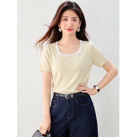 BY24156# 有夏季新款方领修身显瘦时尚短袖T恤针织衫上衣 服裝批發女裝批發服飾貨源
