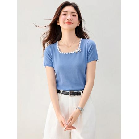 BY24156# 有夏季新款方领修身显瘦时尚短袖T恤针织衫上衣 服裝批發女裝批發服飾貨源
