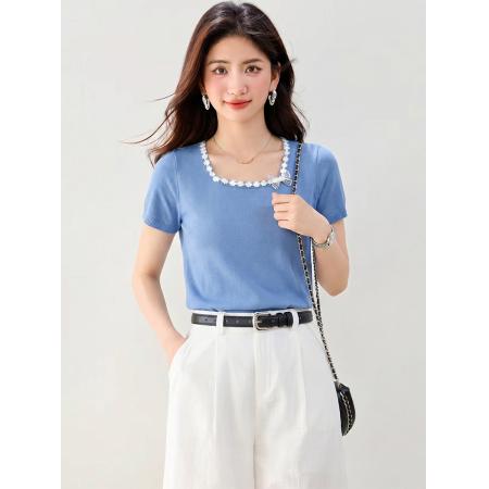 BY24156# 有夏季新款方领修身显瘦时尚短袖T恤针织衫上衣 服裝批發女裝批發服飾貨源