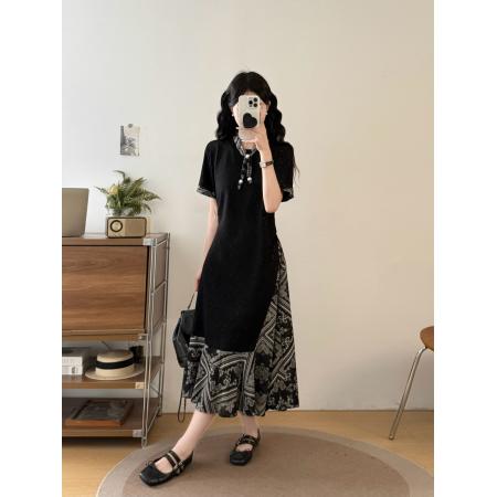 BY24161# 大码女装胖mm夏季印花拼接假两件连衣裙收腰显瘦休闲A字裙子 服裝批發女裝批發服飾貨源