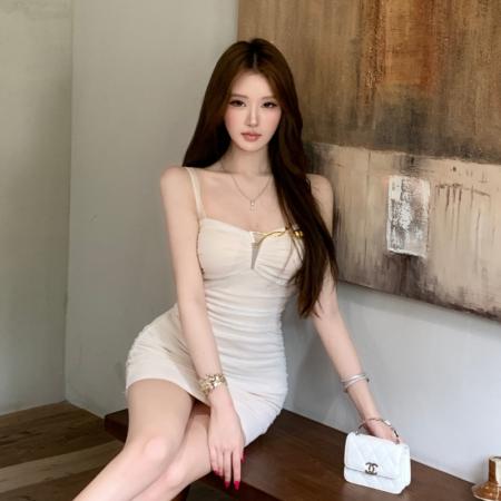 BY24171# 辣妹修身抽褶网纱吊带连衣裙包臀短款 服裝批發女裝批發服飾貨源