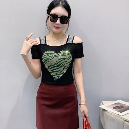 BY24172# 夏季新款重工镶钻双层冰丝网纱短袖时尚露肩美背小衫女潮 服裝批發女裝批發服飾貨源