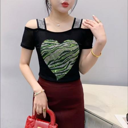 BY24172# 夏季新款重工镶钻双层冰丝网纱短袖时尚露肩美背小衫女潮 服裝批發女裝批發服飾貨源