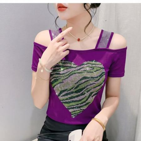 BY24172# 夏季新款重工镶钻双层冰丝网纱短袖时尚露肩美背小衫女潮 服裝批發女裝批發服飾貨源