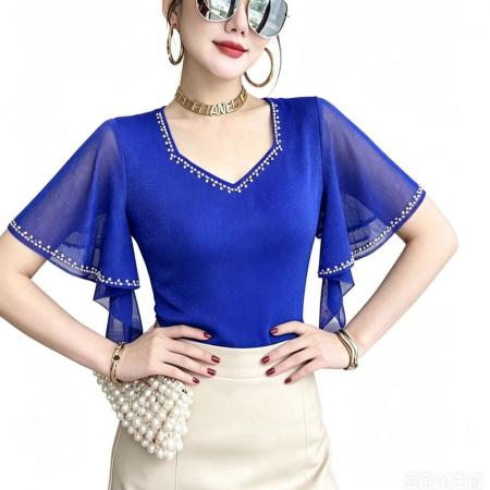 BY24173# 夏季新款原创重工镶钻双层网纱短袖女气质显瘦洋气飞袖上衣潮 服裝批發女裝批發服飾貨源