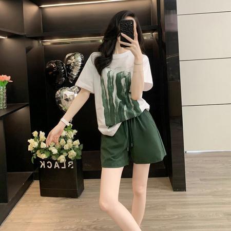BY24175# 洋气时尚印花短袖套装女夏休闲运动宽松短裤两件套潮显瘦跑步 服裝批發女裝批發服飾貨源