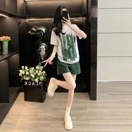 BY24175# 洋气时尚印花短袖套装女夏休闲运动宽松短裤两件套潮显瘦跑步 服裝批發女裝批發服飾貨源