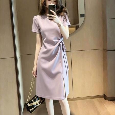 BY24176# 法式纯色休闲绑带收腰短袖连衣裙女夏季新款设计感下摆开叉长裙子 服裝批發女裝批發服飾貨源