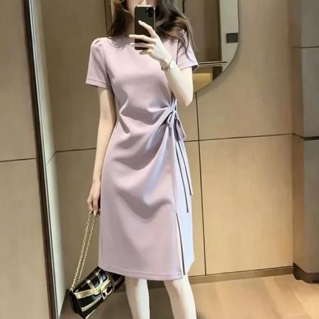 BY24176# 法式纯色休闲绑带收腰短袖连衣裙女夏季新款设计感下摆开叉长裙子 服裝批發女裝批發服飾貨源