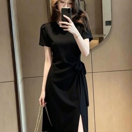 BY24176# 法式纯色休闲绑带收腰短袖连衣裙女夏季新款设计感下摆开叉长裙子 服裝批發女裝批發服飾貨源