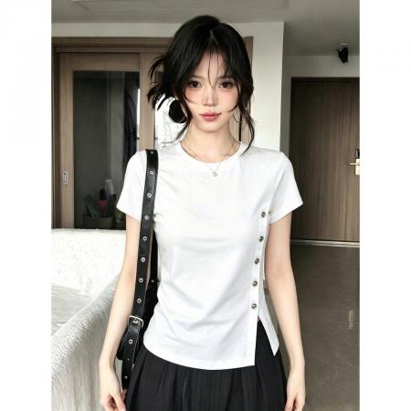 BY24179# 韩系不规则纽扣开叉短袖T恤女夏季辣妹修身显瘦正肩上衣 服裝批發女裝批發服飾貨源