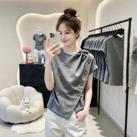 BY24180# 夏季网红新款短袖气质灰色显瘦衬衫女装设计上衣 服裝批發女裝批發服飾貨源