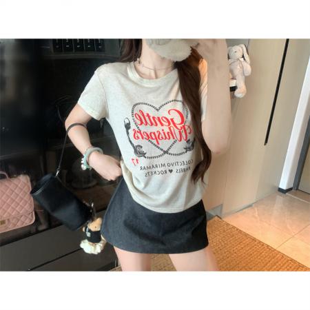 BY24189# 复古爱心印花T恤女百搭短袖休闲上衣 服裝批發女裝批發服飾貨源