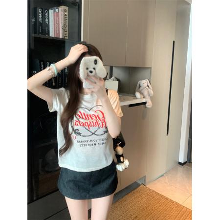 BY24189# 复古爱心印花T恤女百搭短袖休闲上衣 服裝批發女裝批發服飾貨源