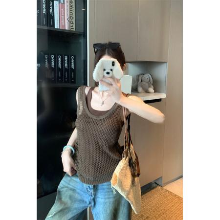 BY24191# 大U领镂空网眼背心罩衫工字背扭结吊带两件套 服裝批發女裝批發服飾貨源