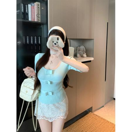 BY24192# 蝴蝶结方圆领半袖针织上衣女夏季修身收腰短款T恤 服裝批發女裝批發服飾貨源