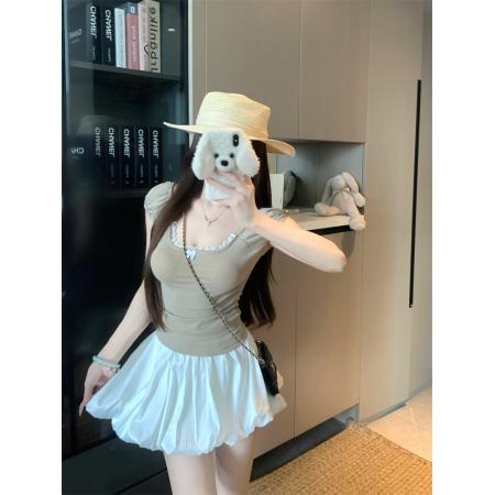 BY24193# 纯欲系少女蕾丝边蝴蝶结短袖上衣女 服裝批發女裝批發服飾貨源