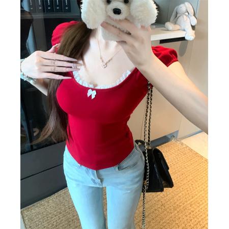 BY24193# 纯欲系少女蕾丝边蝴蝶结短袖上衣女 服裝批發女裝批發服飾貨源