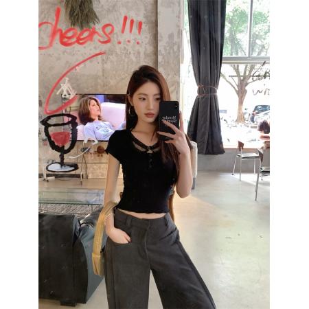 BY24197# 短袖t恤女新款夏正肩修身蕾丝拼接黑色短款上衣 服裝批發女裝批發服飾貨源