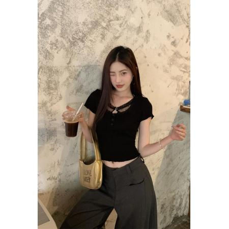 BY24197# 短袖t恤女新款夏正肩修身蕾丝拼接黑色短款上衣 服裝批發女裝批發服飾貨源