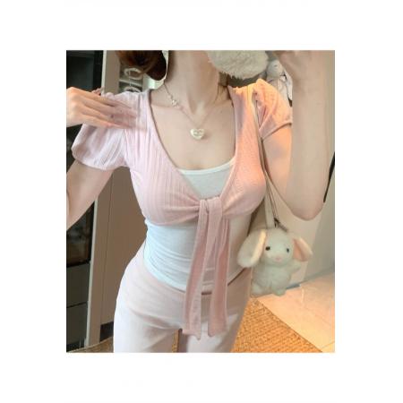 BY24198# 夏季甜美系结假两件波点拼接T恤修身显瘦短袖 服裝批發女裝批發服飾貨源