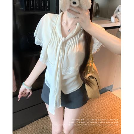 BY24199# 夏季气质纯欲风系带雪纺蕾丝花边衬衫女 服裝批發女裝批發服飾貨源
