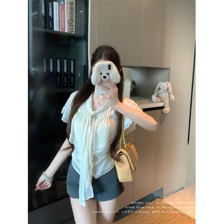 BY24199# 夏季气质纯欲风系带雪纺蕾丝花边衬衫女 服裝批發女裝批發服飾貨源