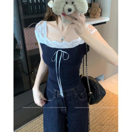 BY24201# 蕾丝拼接短袖T恤女夏修身显瘦甜美气质百搭上衣 服裝批發女裝批發服飾貨源