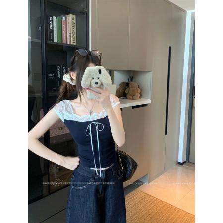 BY24201# 蕾丝拼接短袖T恤女夏修身显瘦甜美气质百搭上衣 服裝批發女裝批發服飾貨源