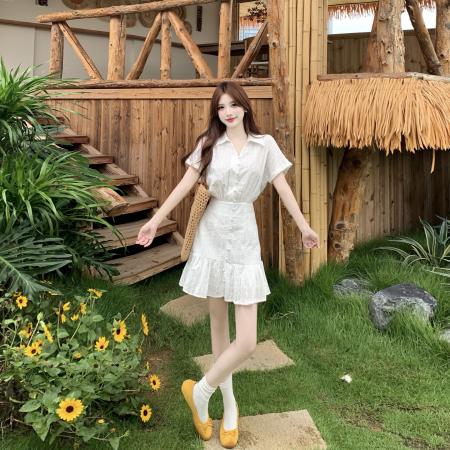 BY24203# 白色笔记白色miu系立体提花少女感减龄法式收腰大码连衣裙 服裝批發女裝批發服飾貨源