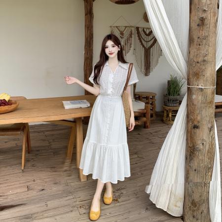 BY24203# 白色笔记白色miu系立体提花少女感减龄法式收腰大码连衣裙 服裝批發女裝批發服飾貨源