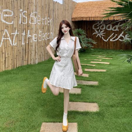 BY24203# 白色笔记白色miu系立体提花少女感减龄法式收腰大码连衣裙 服裝批發女裝批發服飾貨源