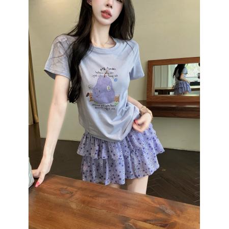 BY24233# 夏季新款卡通梨子印花短袖T恤女碎花蛋糕裙短裙两件套装 服裝批發女裝批發服飾貨源