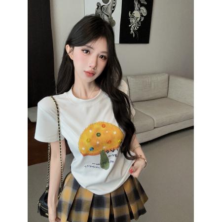 BY24235# 送腰带手工钉珠印花短袖圆领T恤女格子百褶短裙两件套装 服裝批發女裝批發服飾貨源