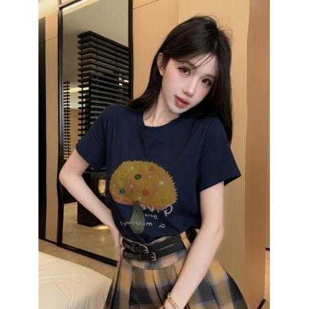 BY24235# 送腰带手工钉珠印花短袖圆领T恤女格子百褶短裙两件套装 服裝批發女裝批發服飾貨源
