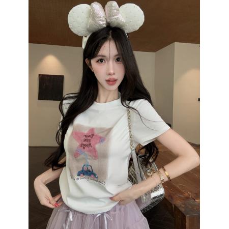 BY24236# 手工钉珠星星贴布印花短袖圆领T恤网纱短裙两件套装女 服裝批發女裝批發服飾貨源