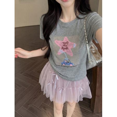 BY24236# 手工钉珠星星贴布印花短袖圆领T恤网纱短裙两件套装女 服裝批發女裝批發服飾貨源