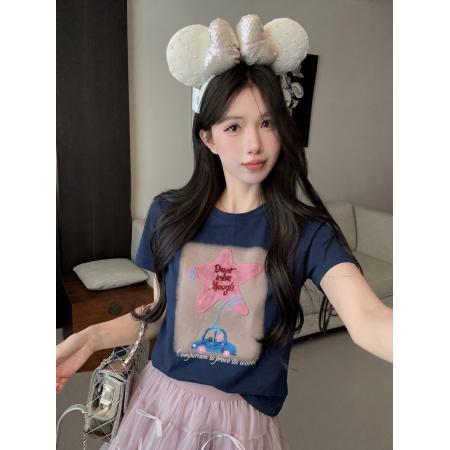 BY24236# 手工钉珠星星贴布印花短袖圆领T恤网纱短裙两件套装女 服裝批發女裝批發服飾貨源