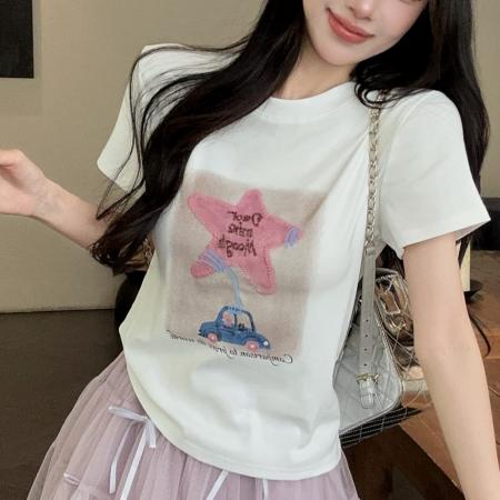 BY24236# 手工钉珠星星贴布印花短袖圆领T恤网纱短裙两件套装女 服裝批發女裝批發服飾貨源