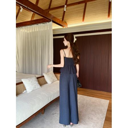 BY24242# 仿牛仔立体蝴蝶结吊带背心松紧腰阔腿裤修身显瘦两件套女 服裝批發女裝批發服飾貨源