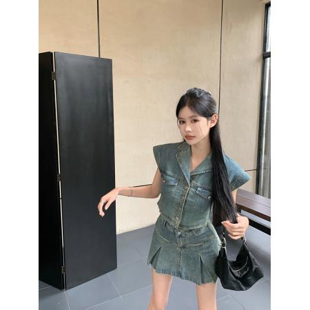 BY24244# 甜辣复古牛仔套装女收腰显瘦小飞袖上衣高腰半身裙两件套 服裝批發女裝批發服飾貨源